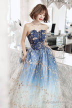 Blue Tulle Gradient Long Formal Gowns, A-Line Strapless Evening Dresses