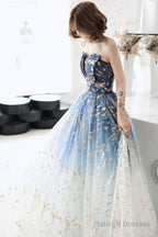 Blue Tulle Gradient Long Formal Gowns, A-Line Strapless Evening Dresses