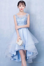 Blue Tulle High Low Lace Dresses Blue Tulle Lace Homecoming Dresses