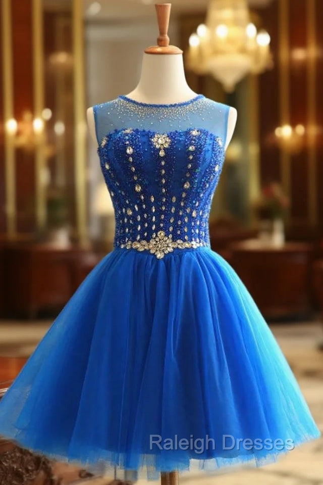 Blue Tulle Knee Length Backless Beading Homecoming Dress Main image