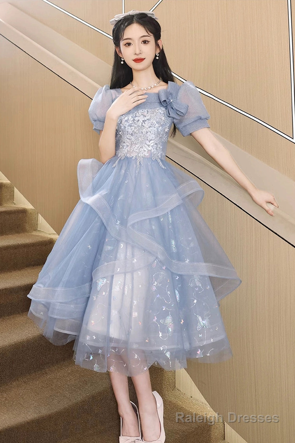 Blue Tulle Knee Length With Lace Prom Dresses Blue Short Sleeve Homecoming Dresses