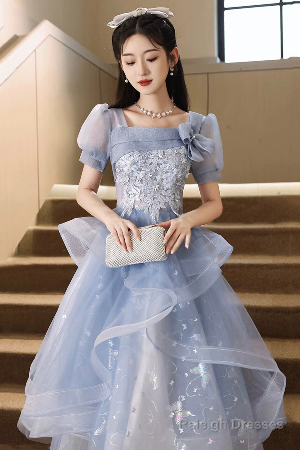 Blue Tulle Knee Length With Lace Prom Dresses Blue Short Sleeve Homecoming Dresses