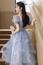 Blue Tulle Knee Length With Lace Party Dress, Blue Short Sleeve Homecoming Dress