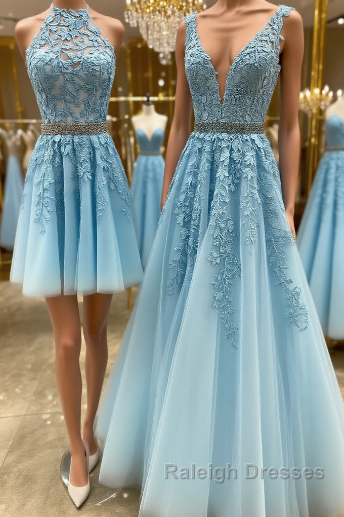 Blue tulle lace A line prom dress blue lace tulle formal dress