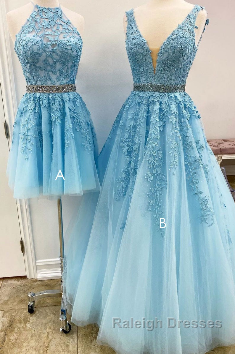 Blue tulle lace A line prom dress blue lace tulle formal dress Secondary image
