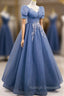 Blue Tulle Lace Floor Length Prom Dress, Blue Short Sleeve Evening Dress