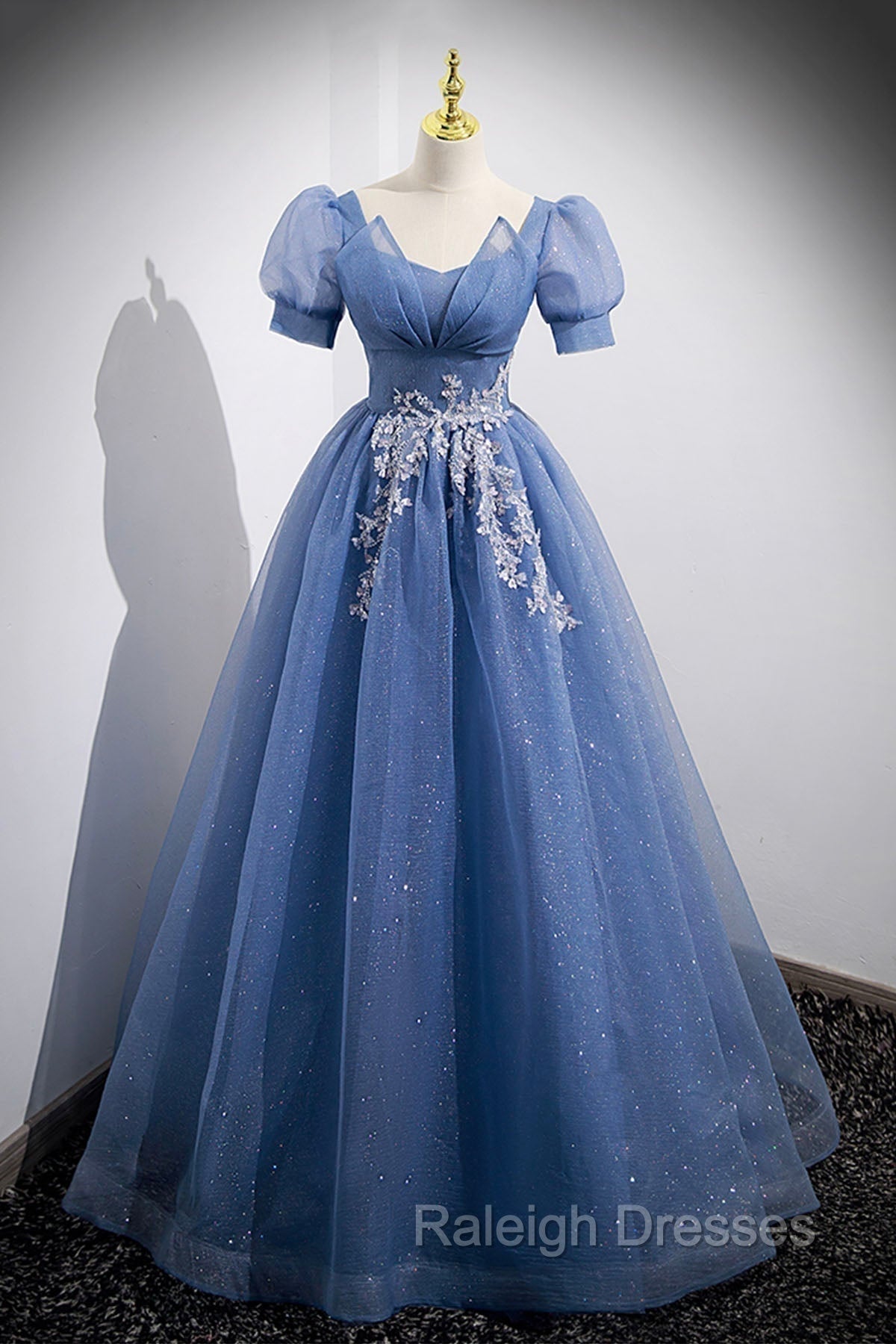 Blue Tulle Lace Floor Length Prom Dress, Blue Short Sleeve Evening Dress Main image