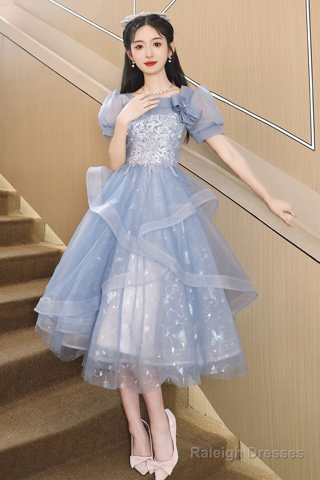 Blue Tulle Lace Knee Length Prom Dress, Cute Short Sleeve Evening Party Dress Secondary image