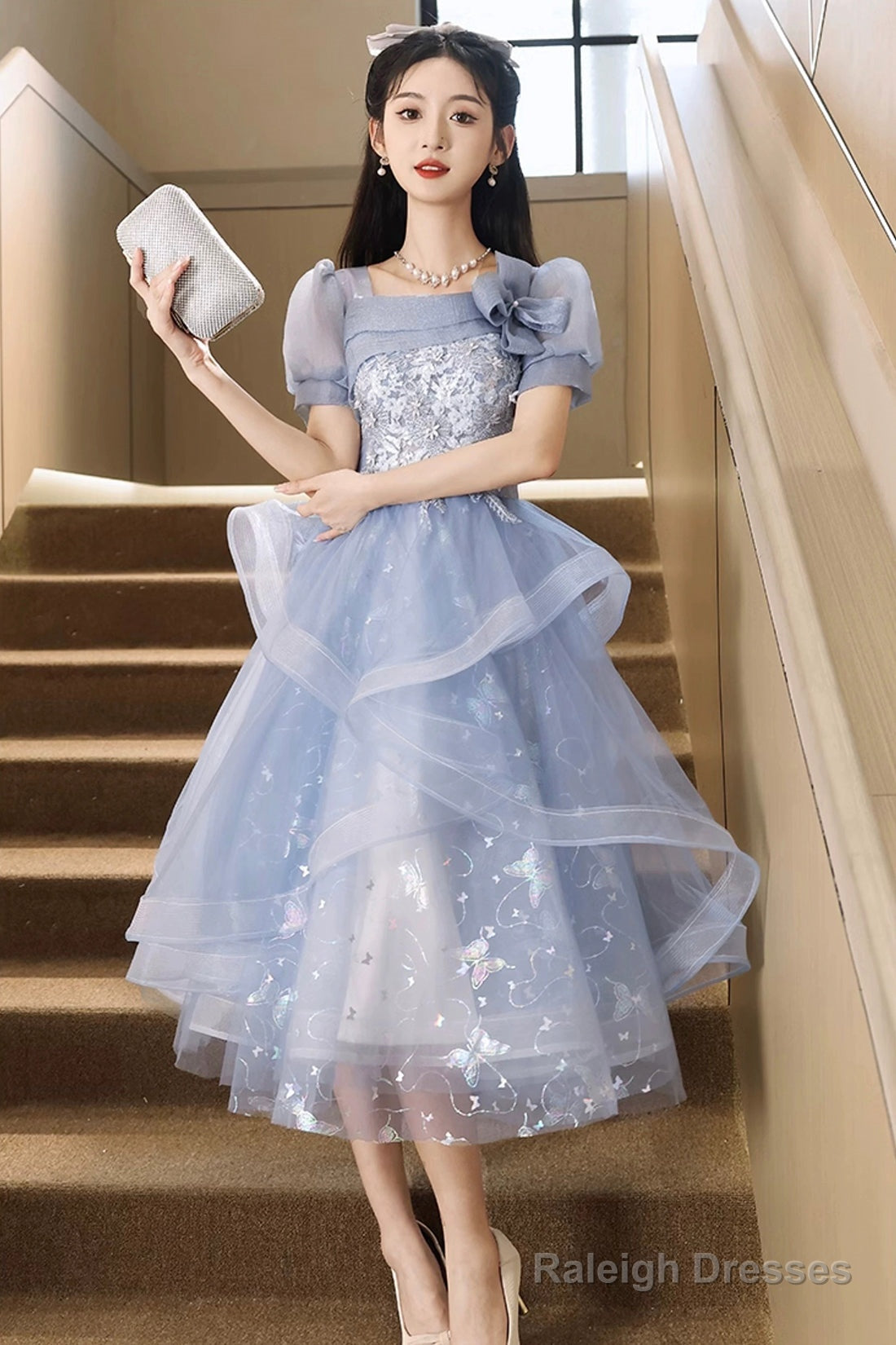 Blue Tulle Lace Knee Length Prom Dresses Cute Short Sleeve Prom Dresses