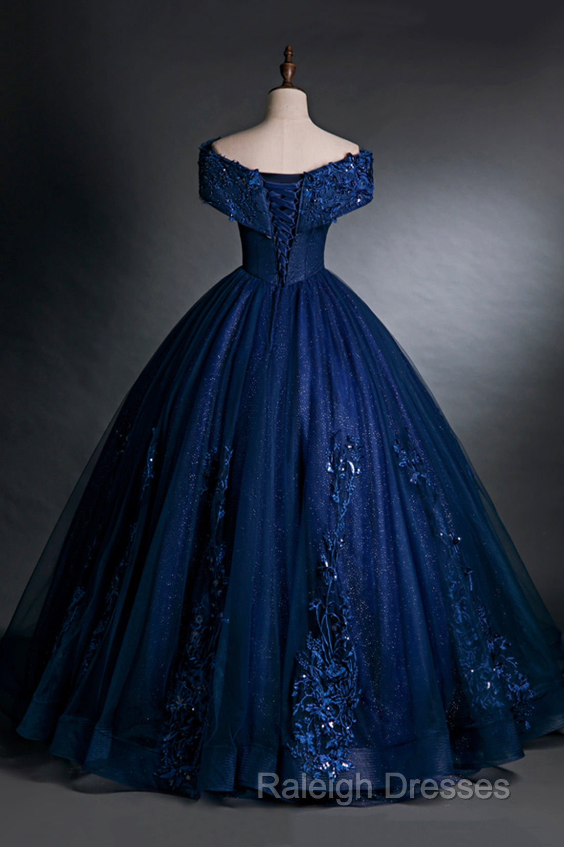 Blue Tulle Lace Long A-Line Ball Gown, Off The Shoulder Evening Party Dress
