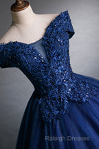 Blue Tulle Lace Long A-Line Ball Gown, Off The Shoulder Evening Party Dress