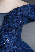 Blue Tulle Lace Long A-Line Ball Gown Off The Shoulder Prom Dresses