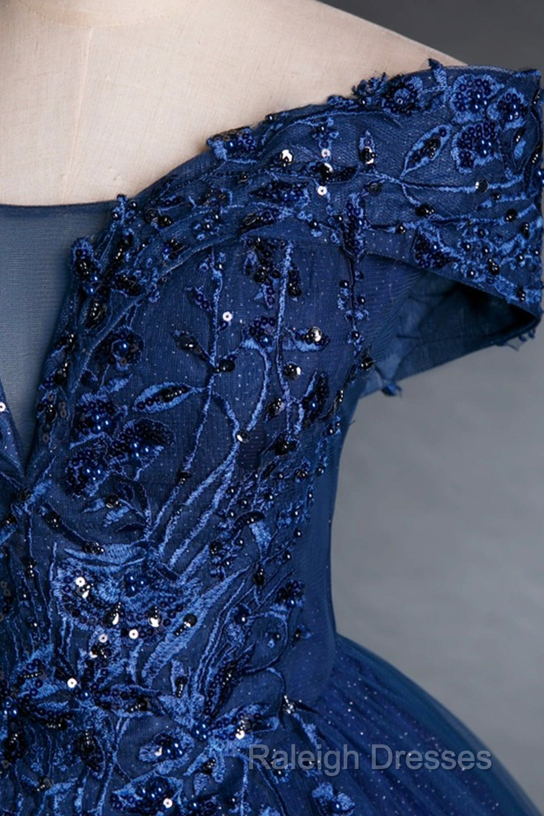 Blue Tulle Lace Long A-Line Ball Gown Off The Shoulder Prom Dresses
