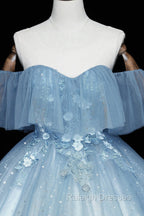 Blue Tulle Lace Long A Line Ball Gowns, Off the Shoulder Formal Prom Gowns