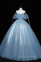 Blue Tulle Lace Long A Line Ball Gowns, Off the Shoulder Formal Prom Gowns