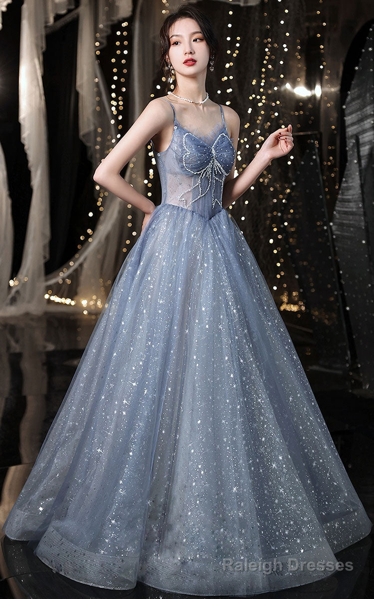 Blue Tulle Lace Long Prom Dress, Blue Lace Sweet 16 Dress