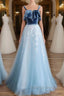 Blue tulle lace long prom dress, blue tulle formal dress