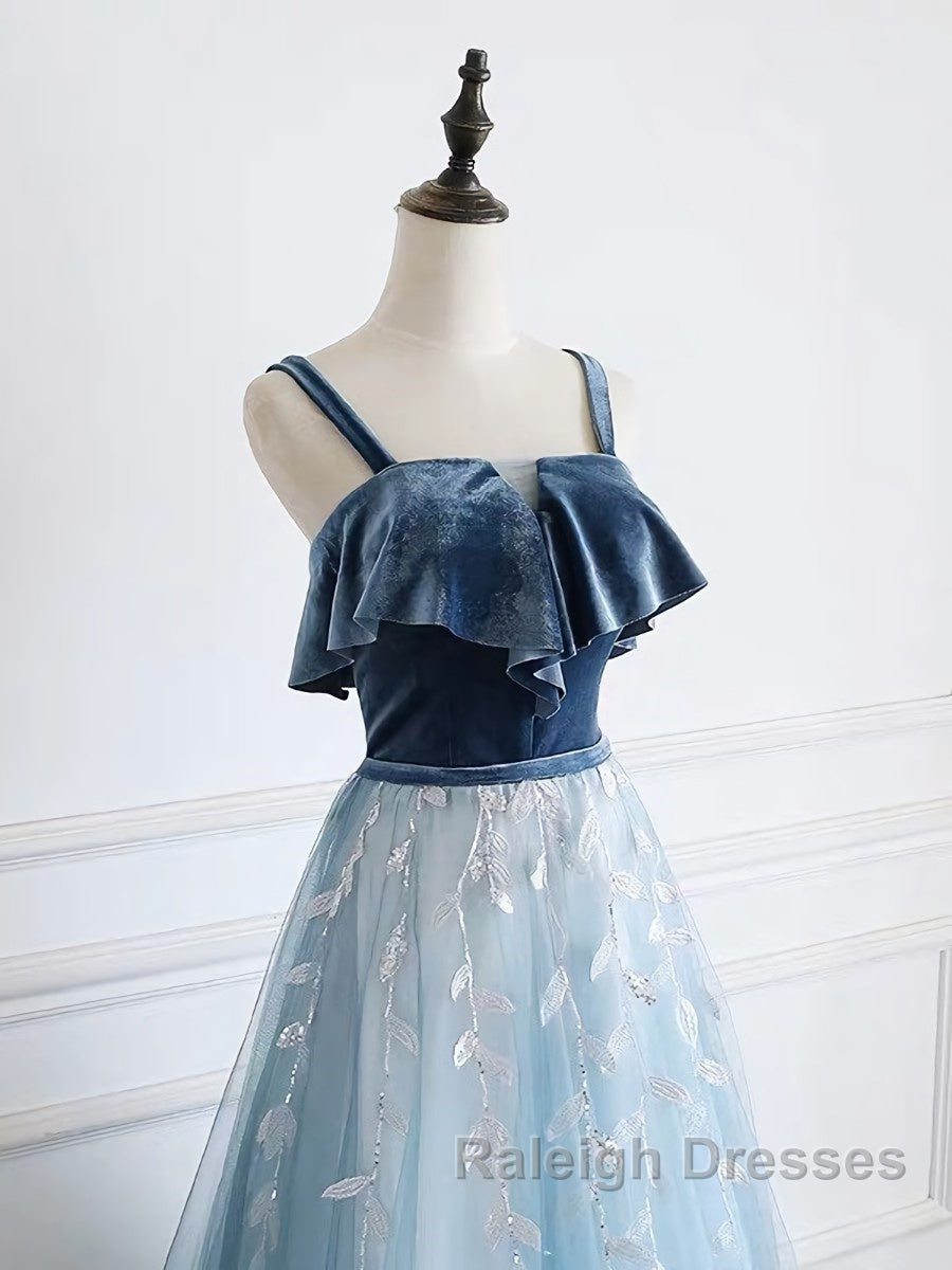 Blue tulle lace long prom dress, blue tulle formal dress