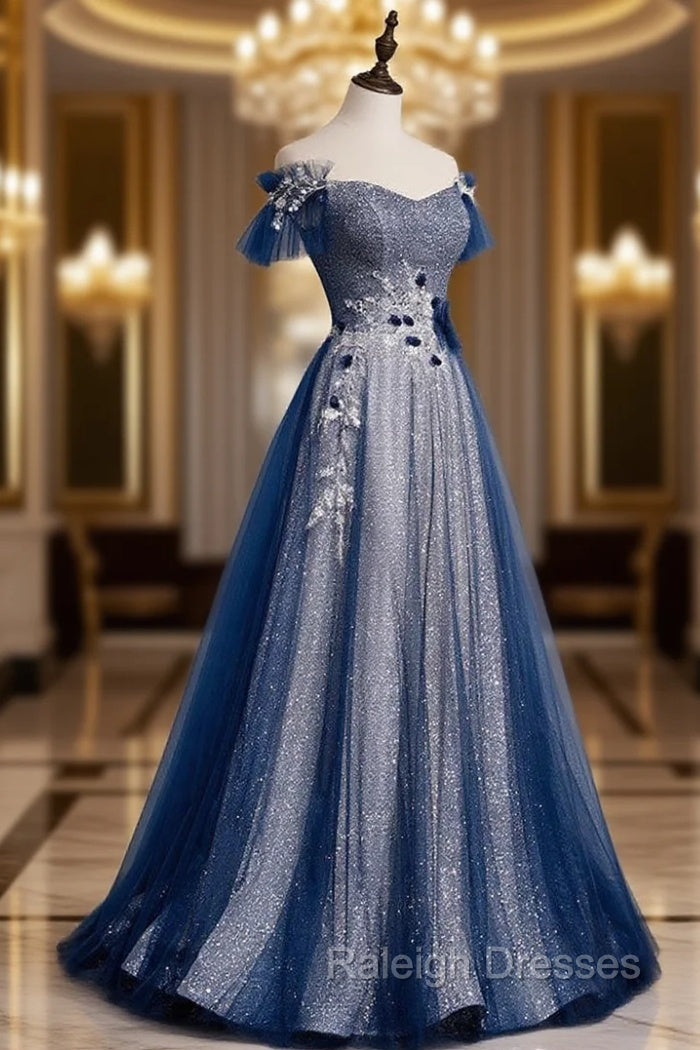 Blue Tulle Lace Long Prom Dress, Blue Tulle Lace Bridesmaid Dress Main image