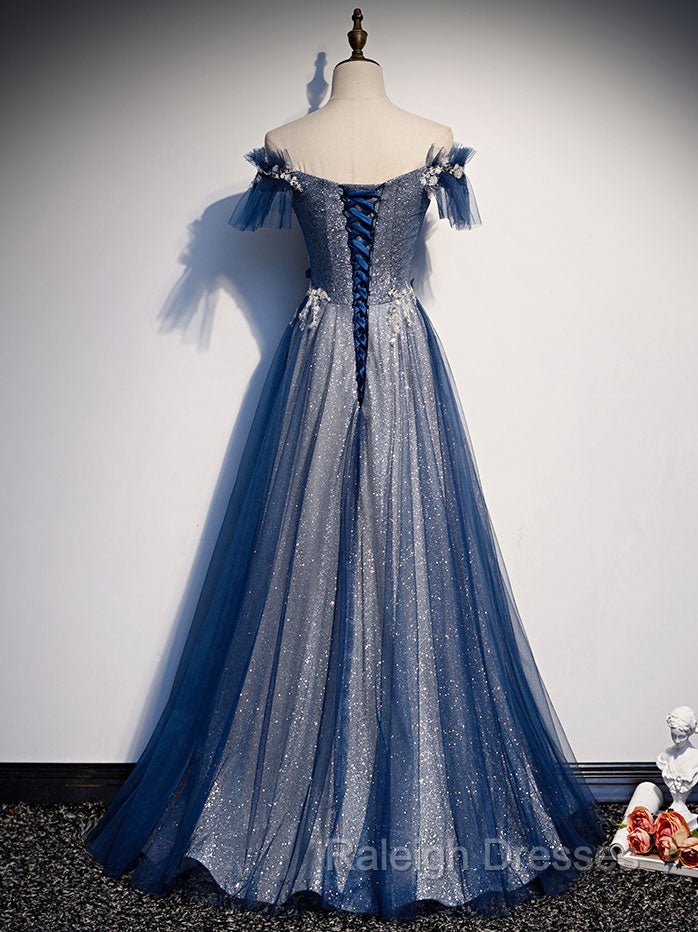 Blue Tulle Lace Long Prom Dress, Blue Tulle Lace Bridesmaid Dress