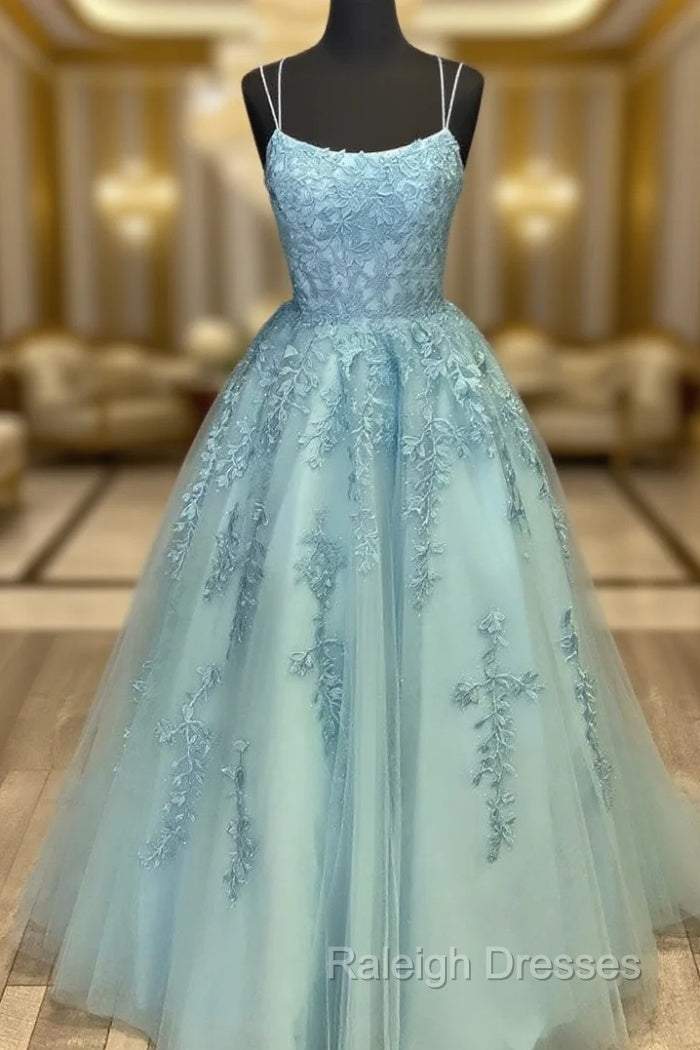 Blue Tulle Lace Long Prom Dress Blue Tulle Lace Evening Dress