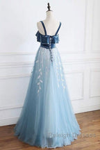 Blue Tulle Lace Long Prom Dresses Blue Tulle Long Prom Dresses
