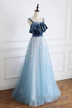 Blue Tulle Lace Long Prom Dress, Blue Tulle Long Evening Dress