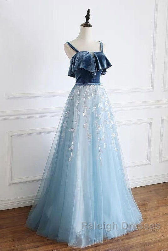 Blue Tulle Lace Long Prom Dress, Blue Tulle Long Evening Dress