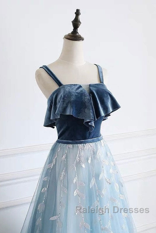 Blue Tulle Lace Long Prom Dress, Blue Tulle Long Evening Dress