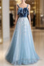 Blue Tulle Lace Long Prom Dress, Blue Tulle Long Evening Dress