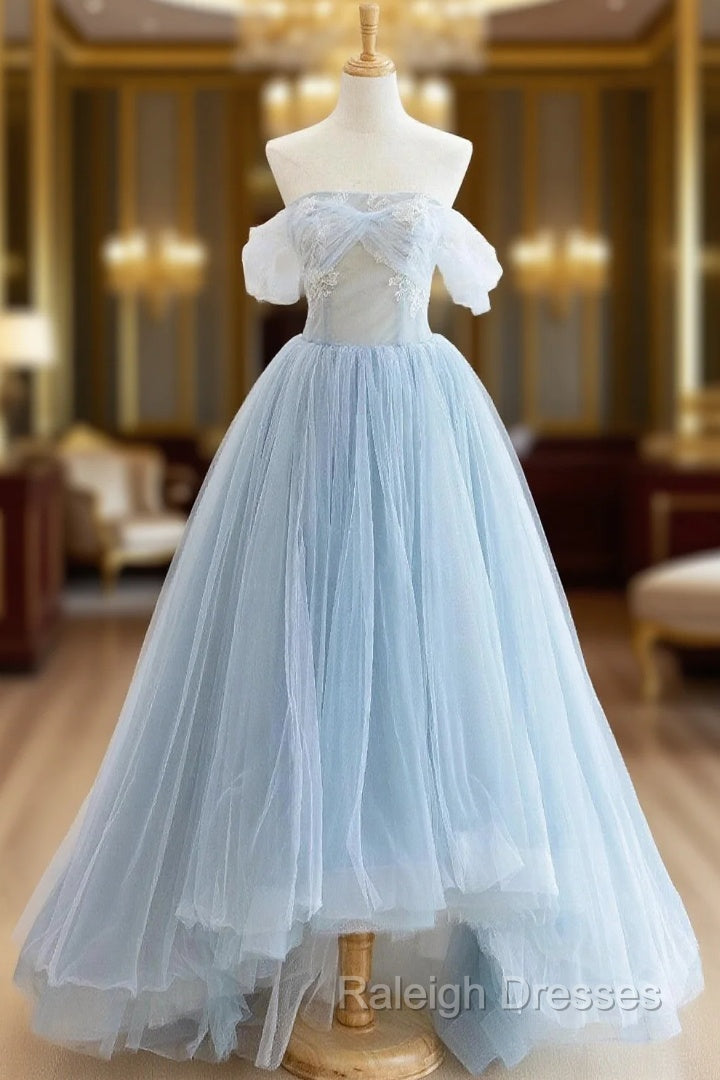 Blue Tulle Lace Long Prom Dress, High Low A-Line Evening Party Dress