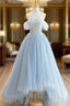 Blue Tulle Lace Long Prom Dress, High Low A-Line Evening Party Dress