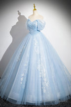 Blue Tulle Lace Long Prom Dress, Off The Shoulder Evening Party Dress