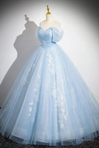 Blue Tulle Lace Long Prom Dresses Off The Shoulder Prom Dresses