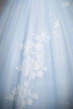 Blue Tulle Lace Long Prom Dress, Off The Shoulder Evening Party Dress