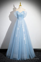 Blue Tulle Lace Long Prom Dress, Off The Shoulder Evening Party Dress