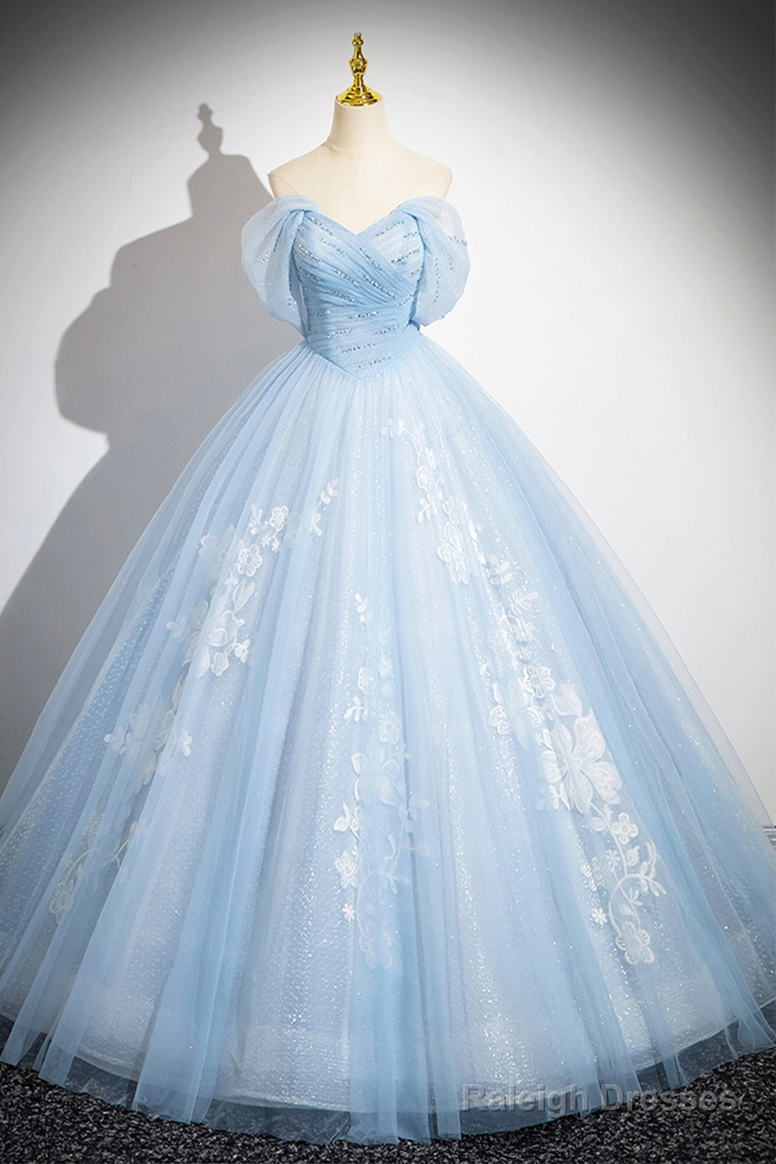 Blue Tulle Lace Long Prom Dress, Off The Shoulder Evening Party Dress Main image