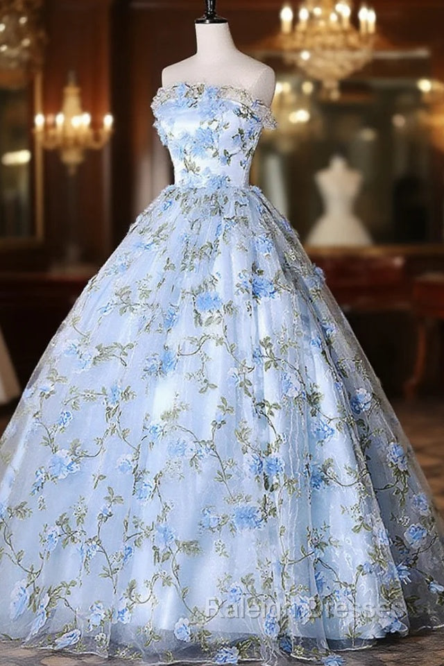 Blue Tulle Lace Long Prom Dresses, Ball Gowns Blue Sweet 16 Dresses