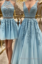 Blue Tulle Lace Prom Dresses, Blue Tulle Lace Formal Evening Dresses