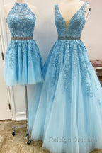 Blue Tulle Lace Prom Dresses, Blue Tulle Lace Formal Evening Dresses