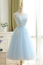 Blue Tulle Lace Short Prom Dress, A Line Homecoming Prom Dress