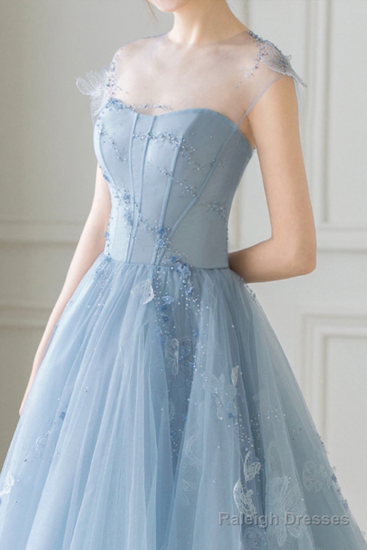 Blue Tulle Lace Short Prom Dress, Beautiful See Through Homecoming Party Dress Secondary image