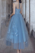Blue Tulle Lace Short Prom Dresses Beautiful See Through Homecoming Prom Dresses