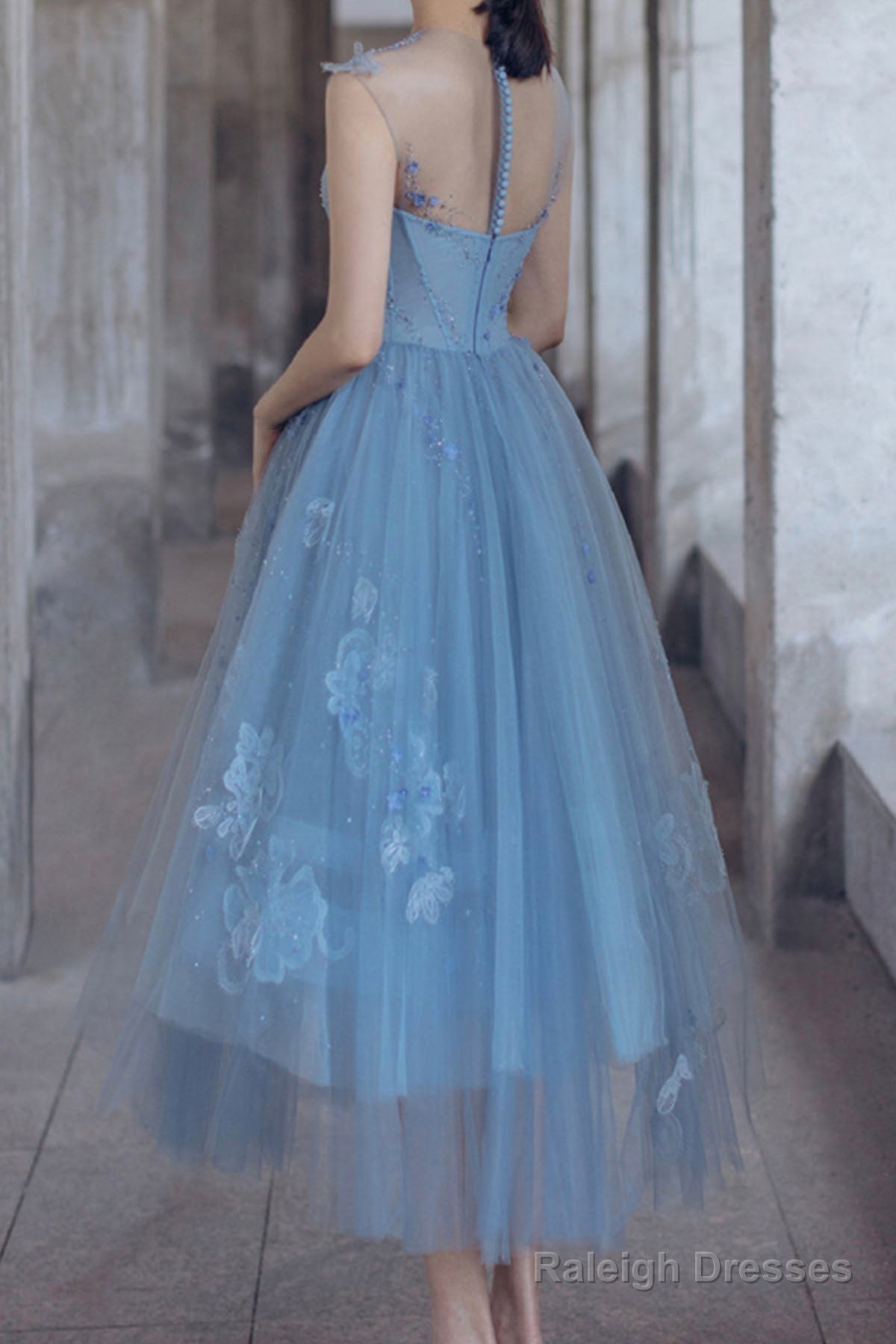 Blue Tulle Lace Short Prom Dresses Beautiful See Through Homecoming Prom Dresses