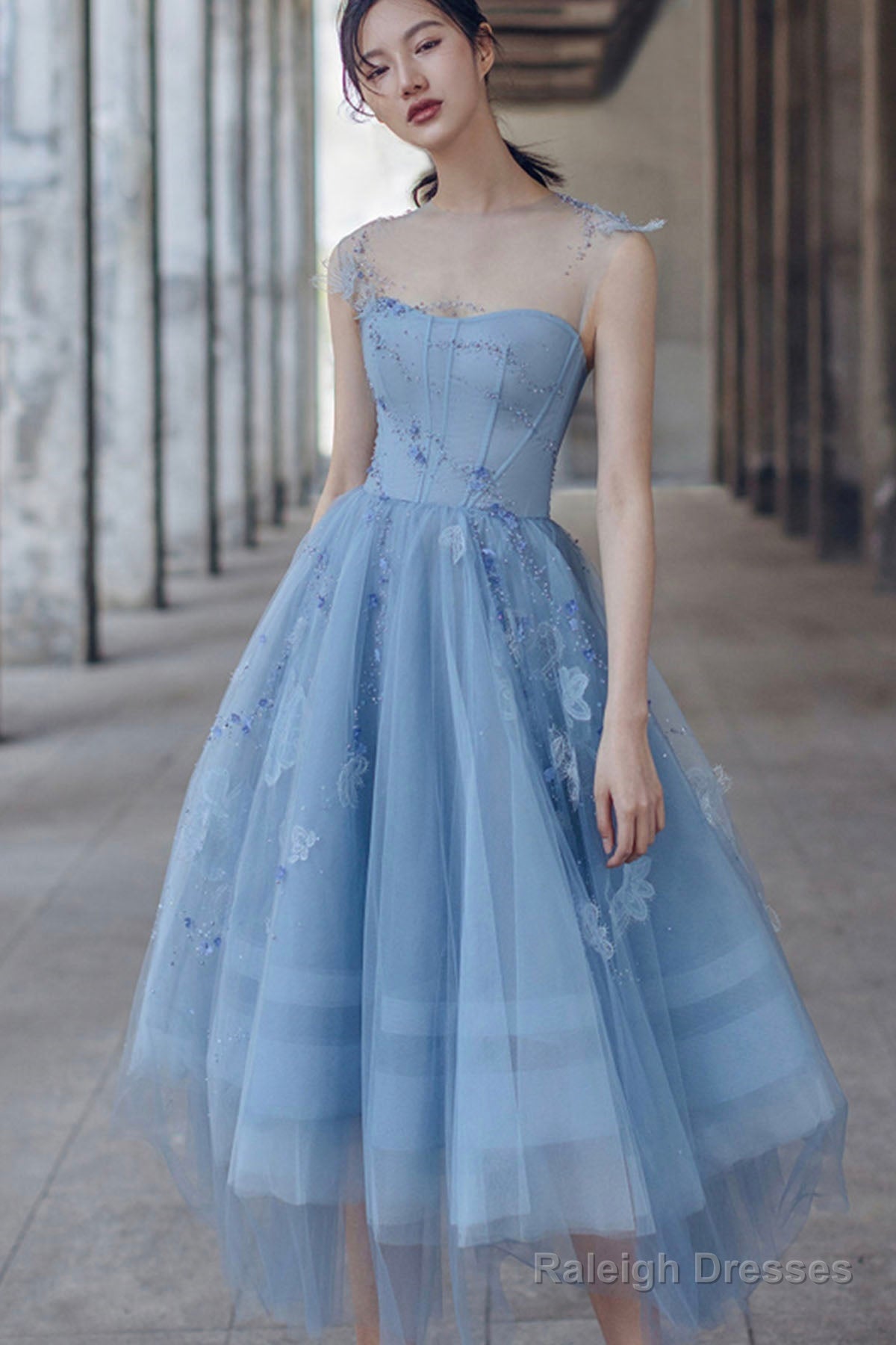 Blue Tulle Lace Short Prom Dress, Beautiful See Through Homecoming Party Dress Main image