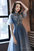Blue Tulle Lace Short Prom Dresses, A-Line Homecoming Dresses
