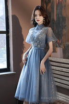 Blue Tulle Lace Short Prom Dress A-Line Homecoming Dress