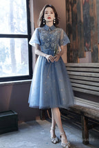 Blue Tulle Lace Short Prom Dress A-Line Homecoming Dress
