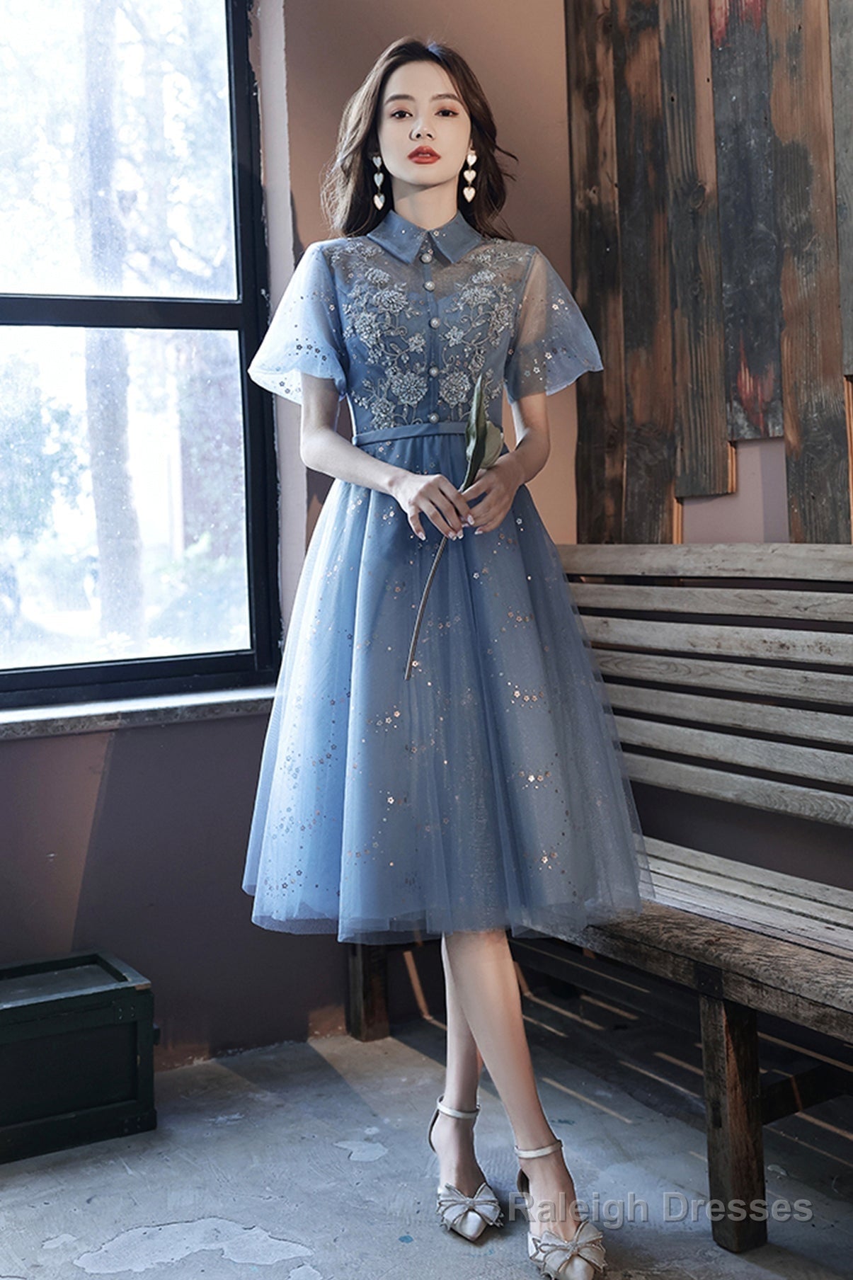 Blue Tulle Lace Short Prom Dress A-Line Homecoming Dress