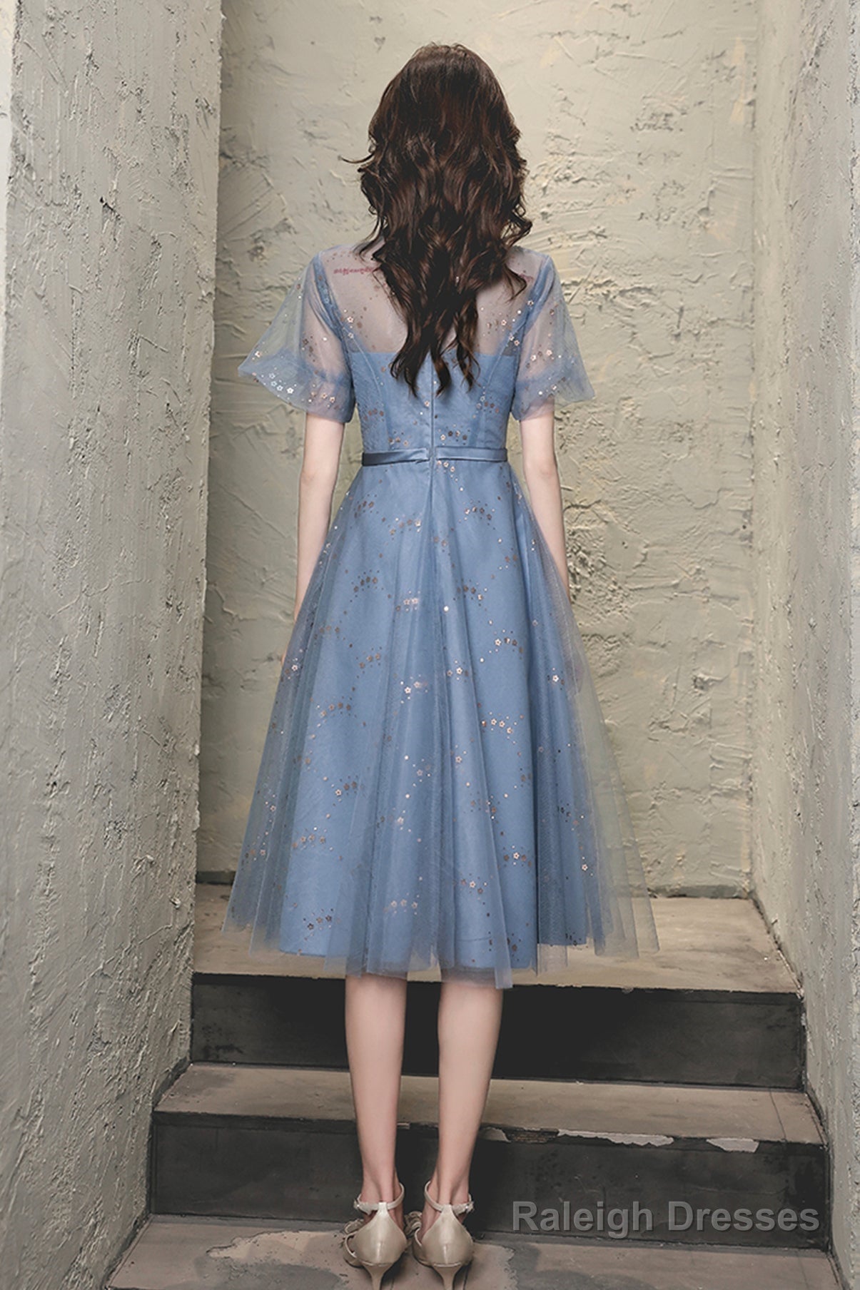 Blue Tulle Lace Short Prom Dresses, A-Line Homecoming Dresses